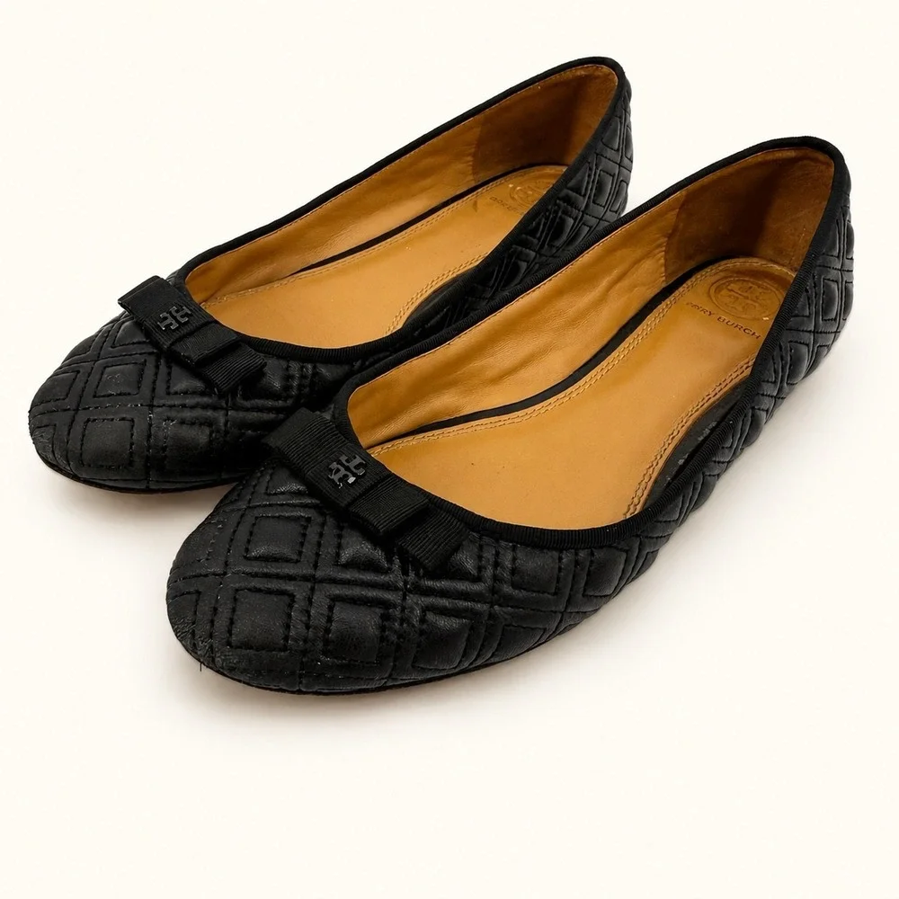 Tory Burch Marion 7.5M Quilted Leather Ballet Flats Bow Black Round Toe Minimal